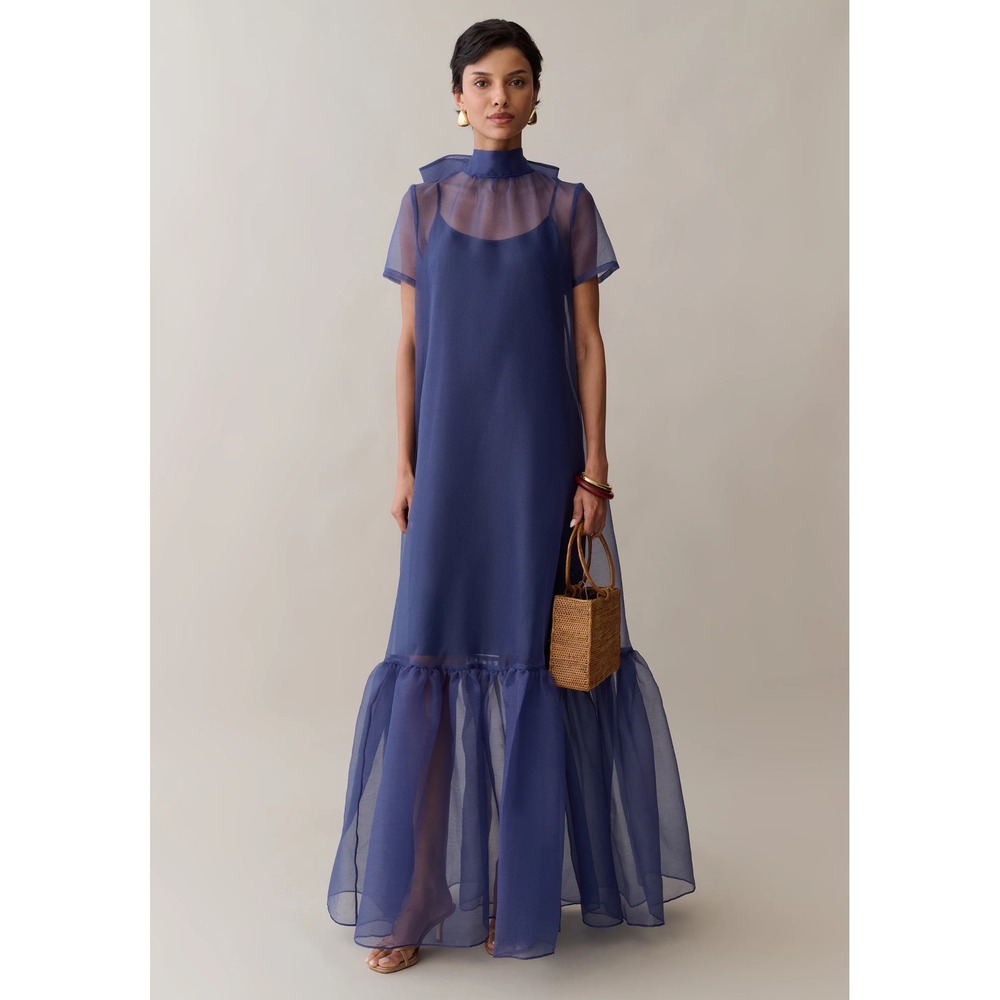 CAARA Melody Navy Blue Sheer Organza Maxi Dress Ruffle Hem Back Tie Size Large